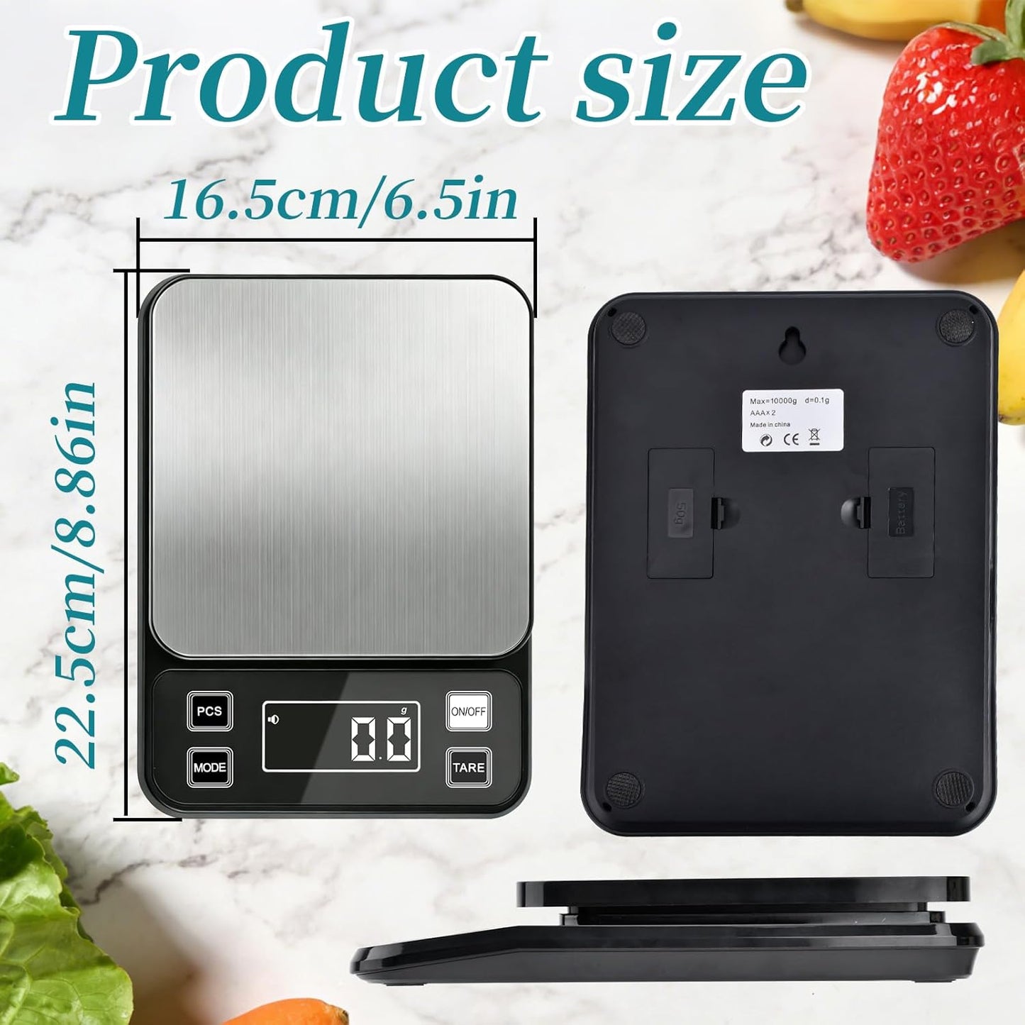 Waterproof Food Scale, 22lb Digital Kitchen Scale with Batteries, 304 Stainless Steel Precision Gram Scale for Baking, Cooking, Meal Prep, Tare Function