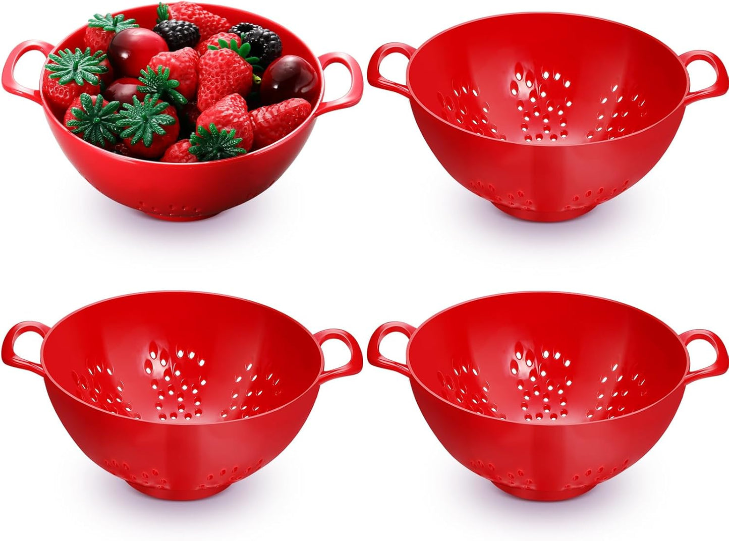 Baderke 4 Pack Mini Colander for Kitchen Plastic Berry Strainer with Double Handles 7.5 x 6 x 3 Inch Small Colander Strainer for Fruits Vegetables Food (Green, Purple, Red, Lemon Yellow)
