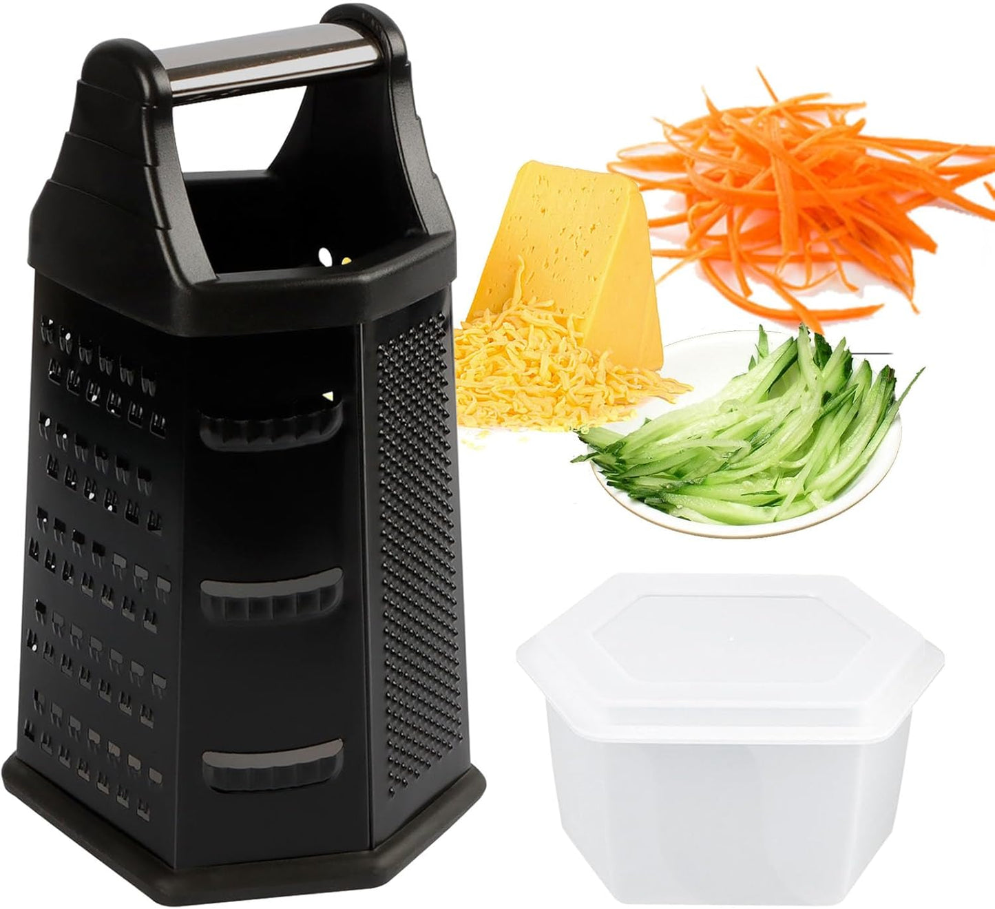 Box Grater, Cheese Grater Shredder Stainless Steel with 6 Sides, Best for Parmesan Cheese, Vegetables, Potatoes, Carrot, Ginger, Mandoline Vegetable Slicer with Detachable Container, Silver