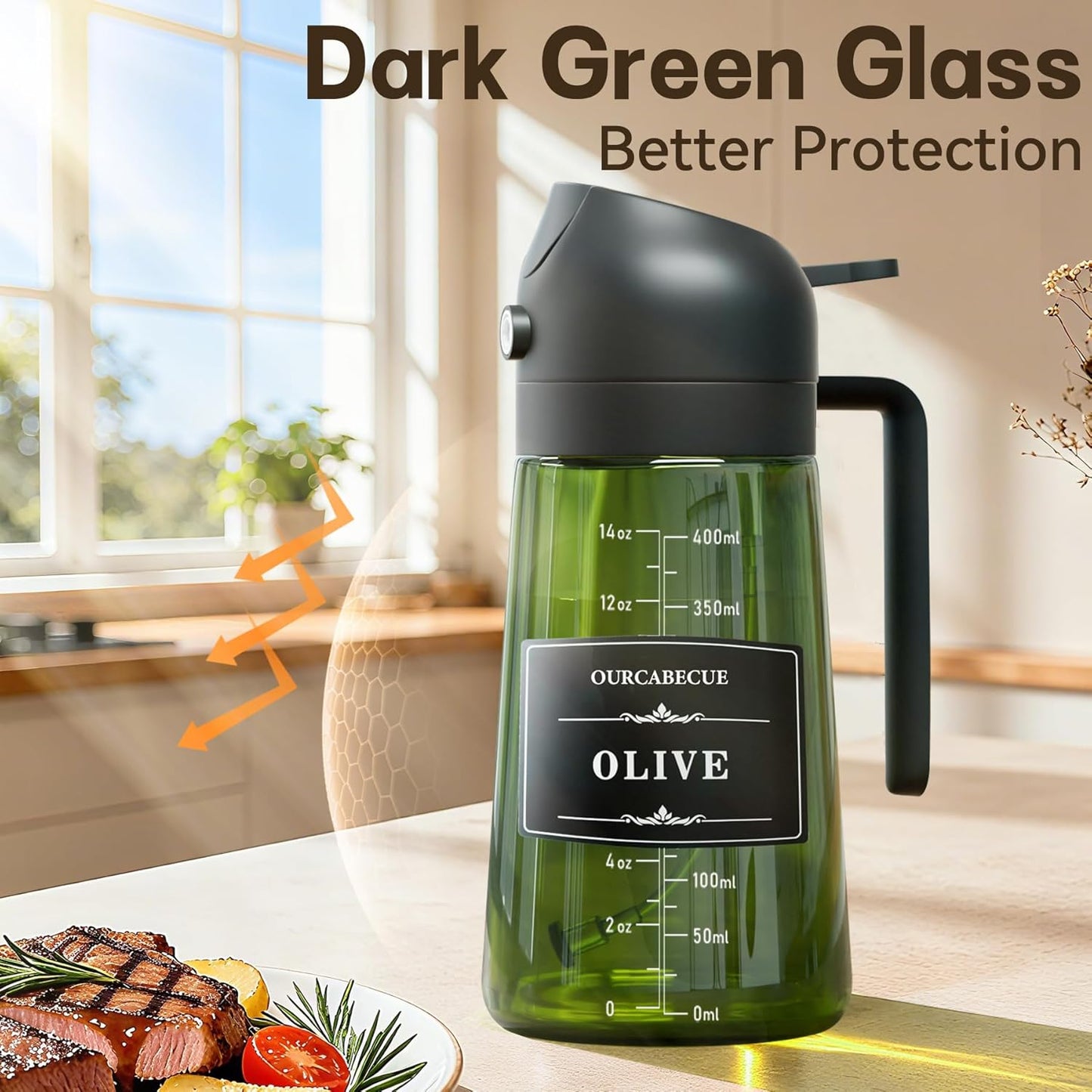 OURCABECUE 2 in 1 Olive Oil Sprayer for Cooking, 16oz/470ml Light-Blocking Dark Olive Oil Dispenser Bottle for Kitchen, Food-Grade Glass Oil Mister with 8 Oil Stickers