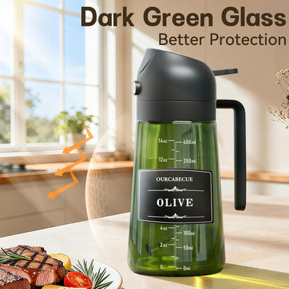 OURCABECUE 2 in 1 Olive Oil Sprayer for Cooking, 16oz/470ml Light-Blocking Dark Olive Oil Dispenser Bottle for Kitchen, Food-Grade Glass Oil Mister with 8 Oil Stickers