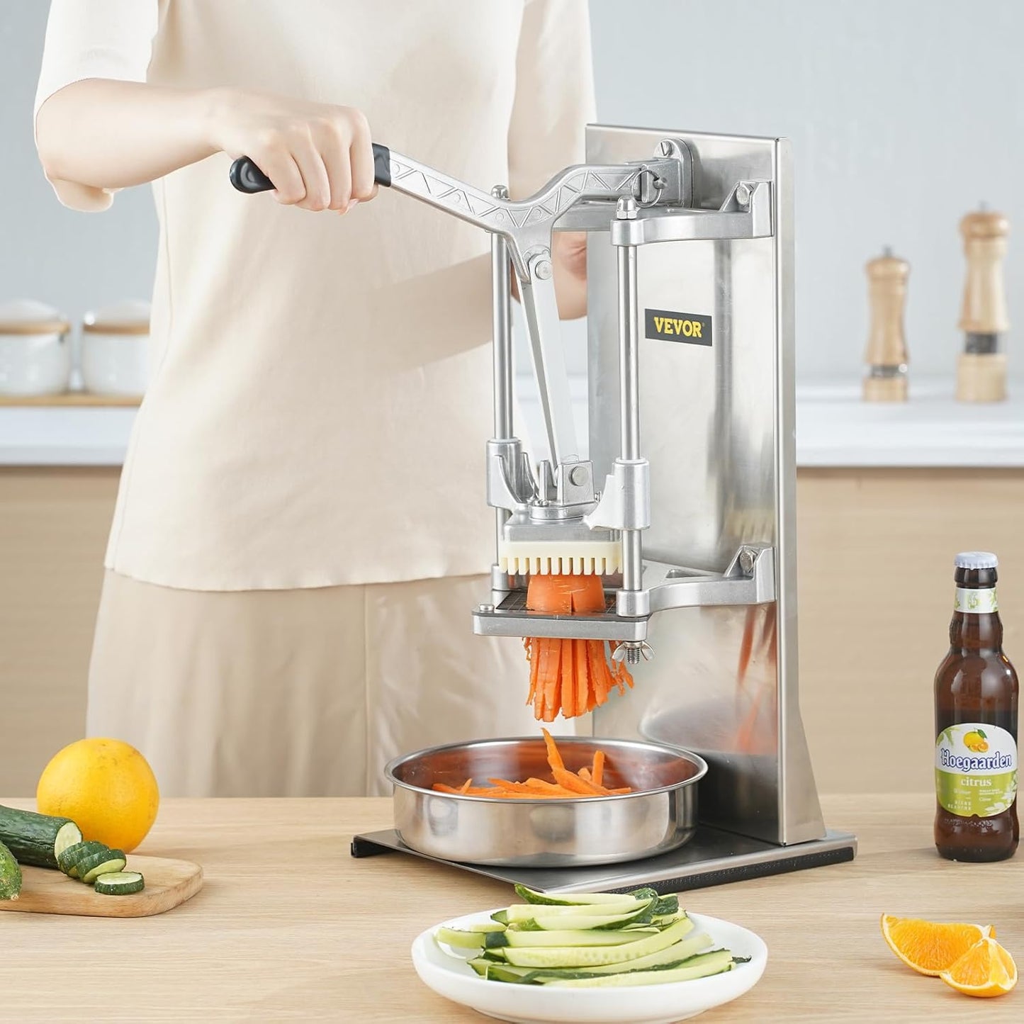 VEVOR French Fry Cutter, Ergonomic Potato Slicer with 3 Blades (1/2", 3/8", 1/4") & Juicer Plate, Easy-Replace Vegetable Chopper Dicer for Carrot, Onion, Lemon, Ideal for Home & Commercial Kitchens