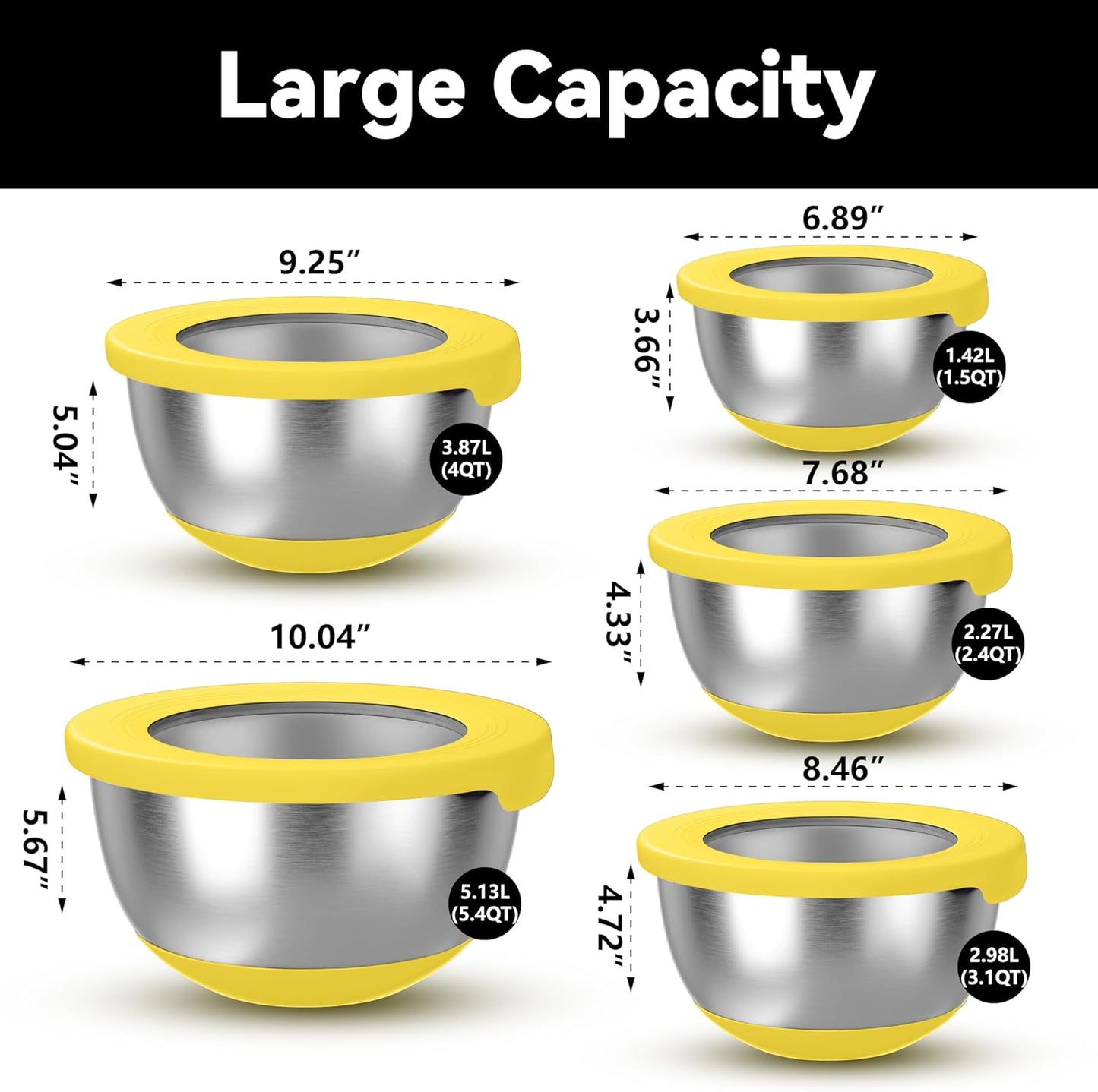 KITEISCAT Stainless Steel Mixing Bowls with Lids – Set of 5 Large Nesting Metal Bowls for Kitchen, Baking, Cooking, Food Prep & Storage, Non-Slip Base, Dishwasher Safe,Khaki