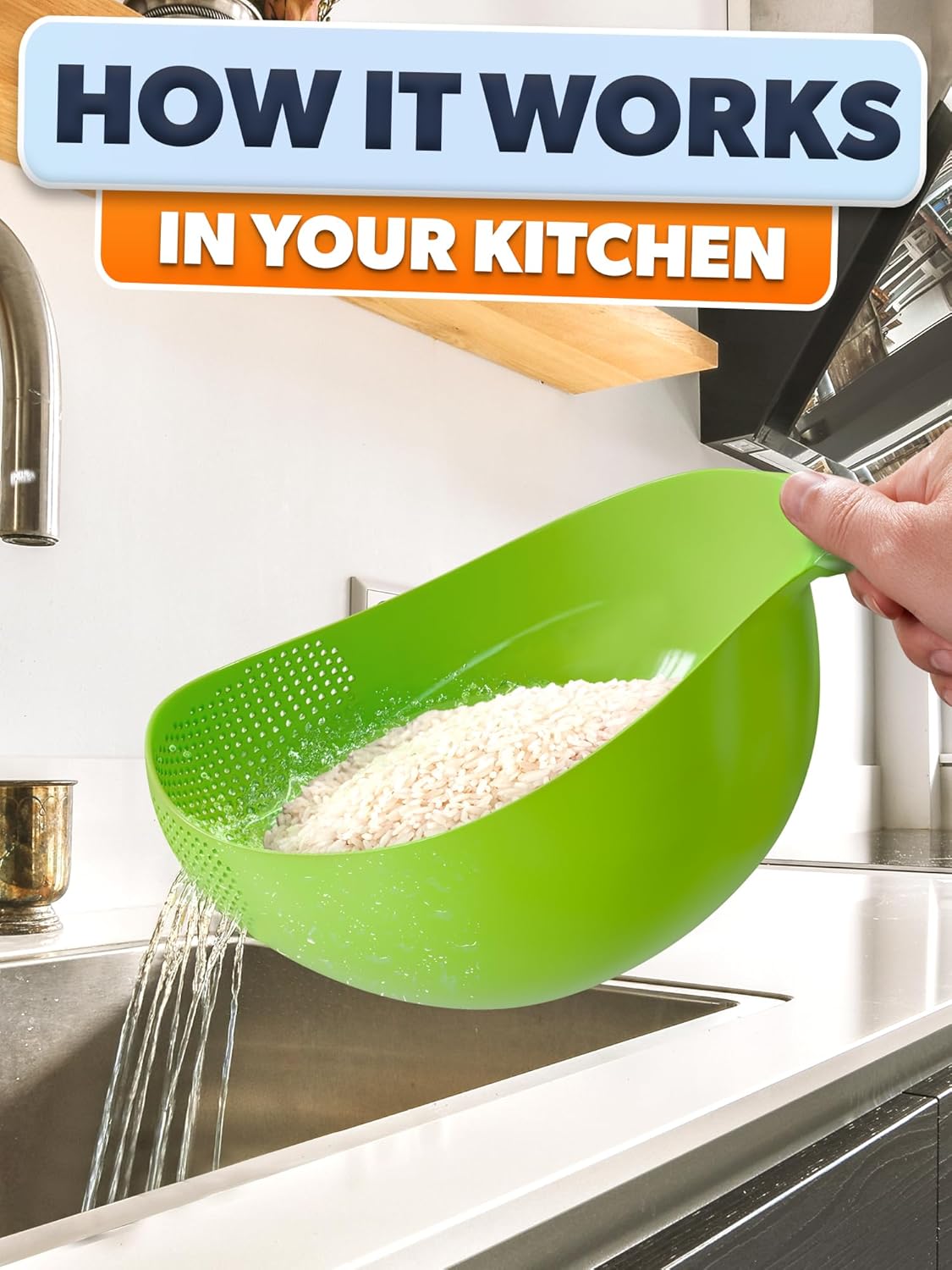 Rice Strainer with Handle - Lightweight Rice Washer Strainer Bowl with Smart Design for Easy Water Draining, Easy to Use & Clean ABS Plastic Colander with Handle for Cereals, Pasta, Vegetables, Fruits