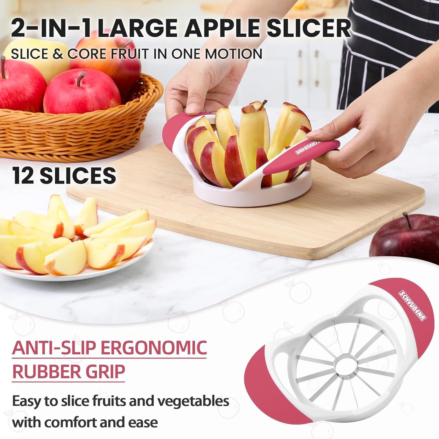 SCHVUBENR 12-Blade Apple Slicer and Corer - 4.72 Inch Sharp Stainless Steel Apple Cutter - Professional Apple Divider Tool for Quick Slices - Easy to Use & Clean - Slice Fruits with Ease - Black