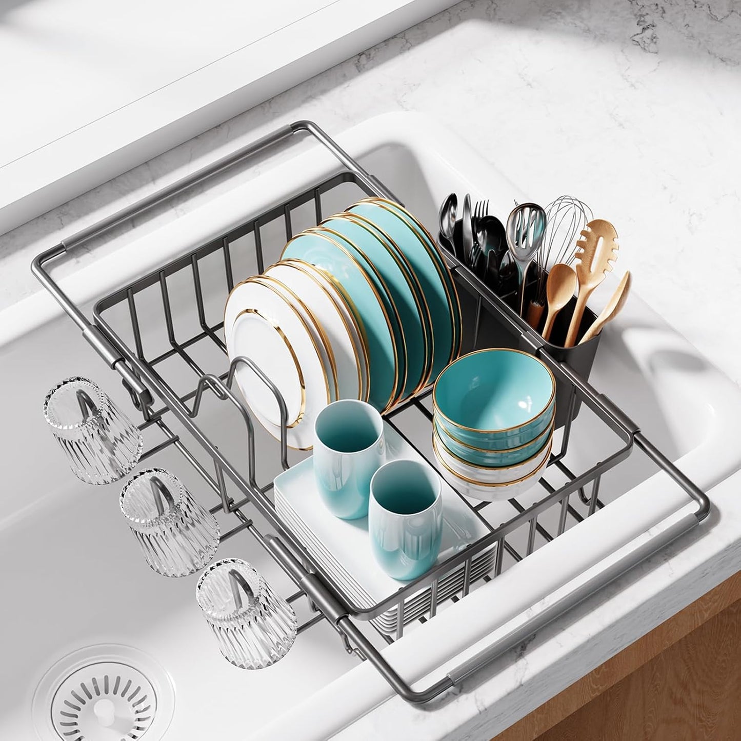 Sakugi Dish Drying Rack in Sink - Expandable Stainless Steel Dish Rack Over the Sink, Kitchen Sink Drain Strainer with Cutlery Holder & Cup Holders, 15.4 x 9.8 x 3.0 Inch, Silver