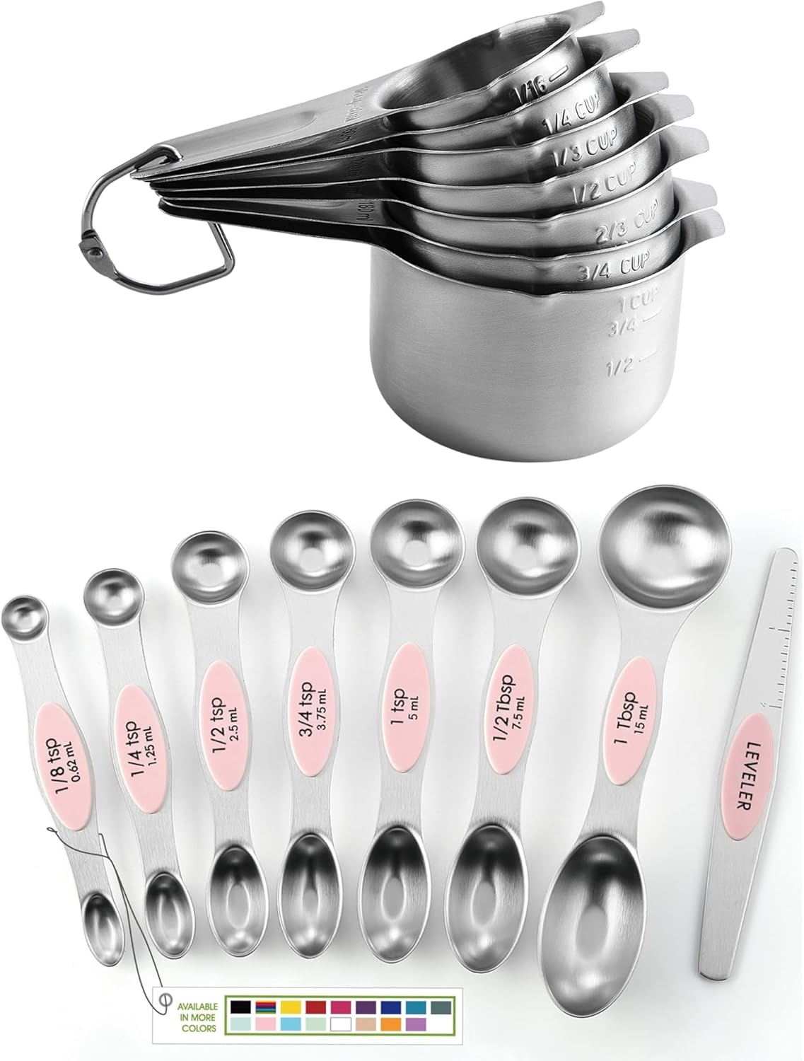 Spring Chef Dual Sided Magnetic Measuring Spoons Set, Pink Lemonade, Set of 8 & Stainless Steel Measuring Cups, Set of 7-2 Product Bundle