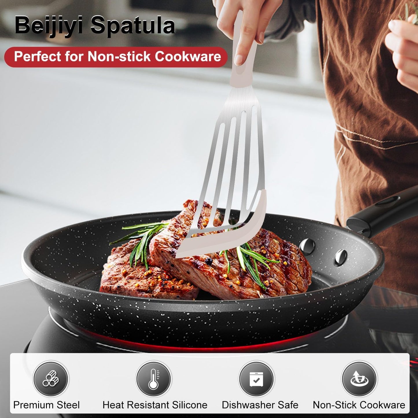 Beijiyi Fish Spatula Turner Set of 2, Heat Resistant Silicone Edge Slotted Fish Spatulas for Nonstick Cookware, Flexible and Thin Stainless Steel Kitchen Cooking Spatula Flipper for Fish, Egg, Pancake