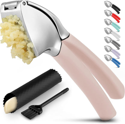 Zulay Kitchen Comfort Grip Garlic Press - Garlic Mincer Tool - Garlic Crusher - Garlic Press Mincer Rust Proof, with Soft Ergonomic Handle, Easy Clean Set with Peeler and Brush - Red