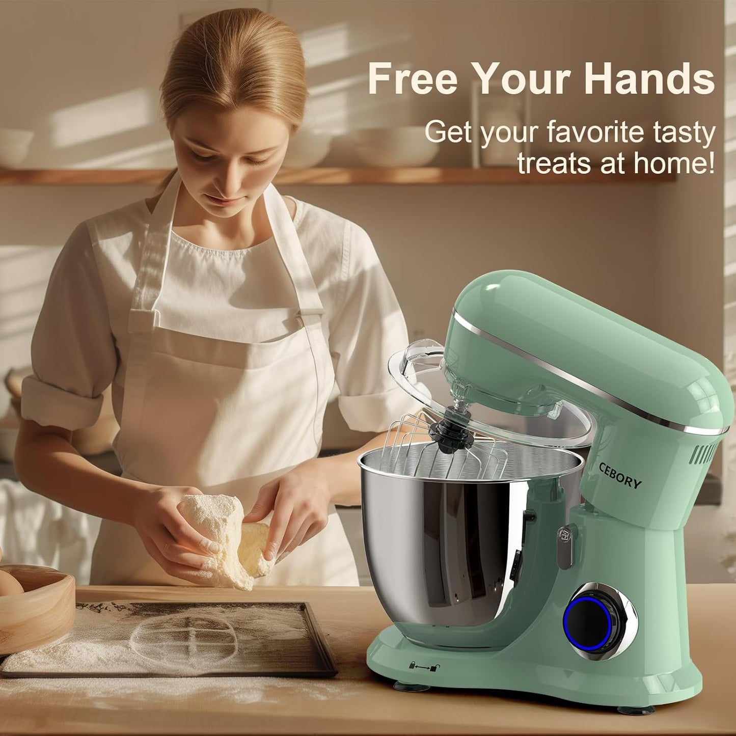 CEBORY 3-IN-1 Electric Stand Mixer, 6.5QT Bowl 660W 10-Speed Kitchen Mixer, Household Food Mixers include Dough Hook, Beater and Whisk, Bread Cake Mixer for Baking and Most Home Cooks, Pink