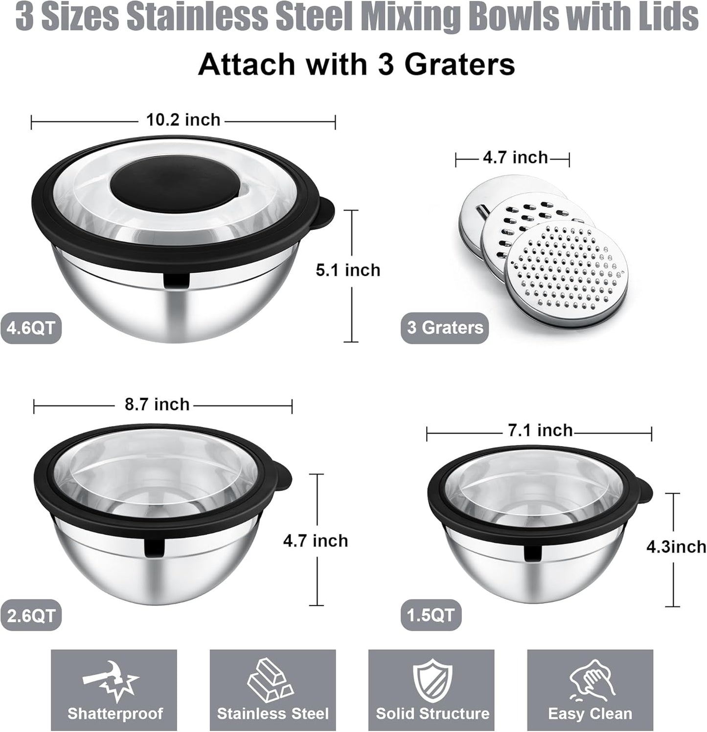 E-far Mixing Bowls Set of 5, Stainless Steel Salad Mixing Bowl with Transparent Lid, Metal Nesting Bowl Attach with 3 Graters for Kitchen Prepping/Serving/Baking/Storage, 4.6/2.6/1.5/1/0.7 QT - Khaki