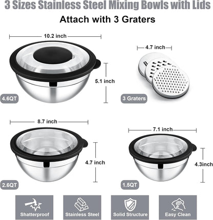E-far Mixing Bowls Set of 5, Stainless Steel Salad Mixing Bowl with Transparent Lid, Metal Nesting Bowl Attach with 3 Graters for Kitchen Prepping/Serving/Baking/Storage, 4.6/2.6/1.5/1/0.7 QT - Khaki
