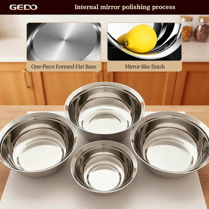 GEDO Stainless Steel 4 Piece Mixing Bowls Set, SUS316 Metal Nesting Bowls, Silver, Kitchen Food Prep Serving Bowls (7.07/8.64/10.21/11.79 in)