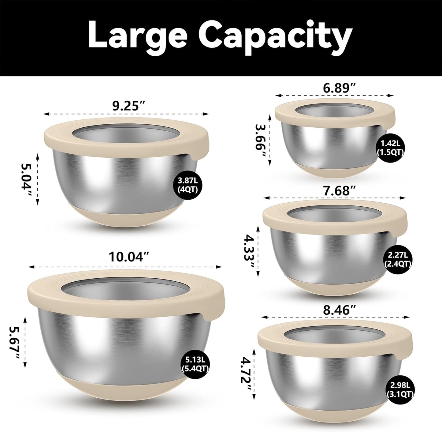 KITEISCAT Stainless Steel Mixing Bowls with Lids – Set of 5 Large Nesting Metal Bowls for Kitchen, Baking, Cooking, Food Prep & Storage, Non-Slip Base, Dishwasher Safe,Khaki