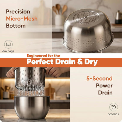 Stainless Steel Salad Spinner & Fruit Washer, 6L Quick-Spin Vegetable Spinner with Drain Lid, Pasta Dryer & 3-Bowl Set, Commercial-Grade Salad Spinner for Kitchen, Easy Clean & Dishwasher Safe