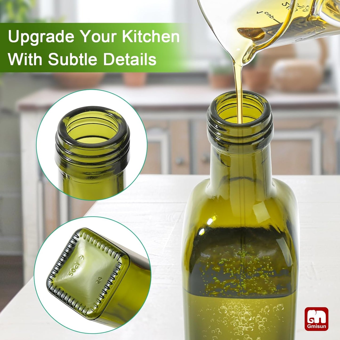 gmisun Olive Oil Dispenser for Kitchen, 4 Pack 17 fl oz Glass Oil Dispensers Bottle, Cooking Soy Sauce Bottle Container Cruet with Plastic Pourer Spout, Funnel and Labels, Clear