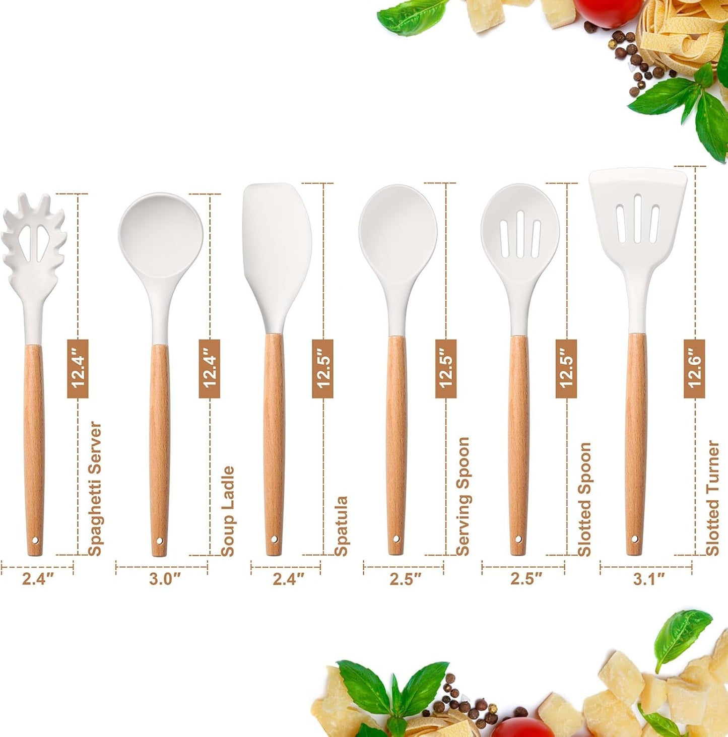 E-far Cooking Utensils Set of 6, Silicone Kitchen Utensils with Wooden Handle, Non-stick Cookware Friendly & Heat Resistant, Includes Spatula/Ladle/Slotted Turner/Serving Spoon/Spaghetti Server(Khaki)