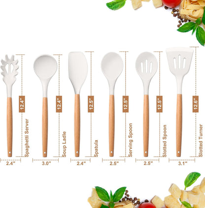 E-far Cooking Utensils Set of 6, Silicone Kitchen Utensils with Wooden Handle, Non-stick Cookware Friendly & Heat Resistant, Includes Spatula/Ladle/Slotted Turner/Serving Spoon/Spaghetti Server(Khaki)