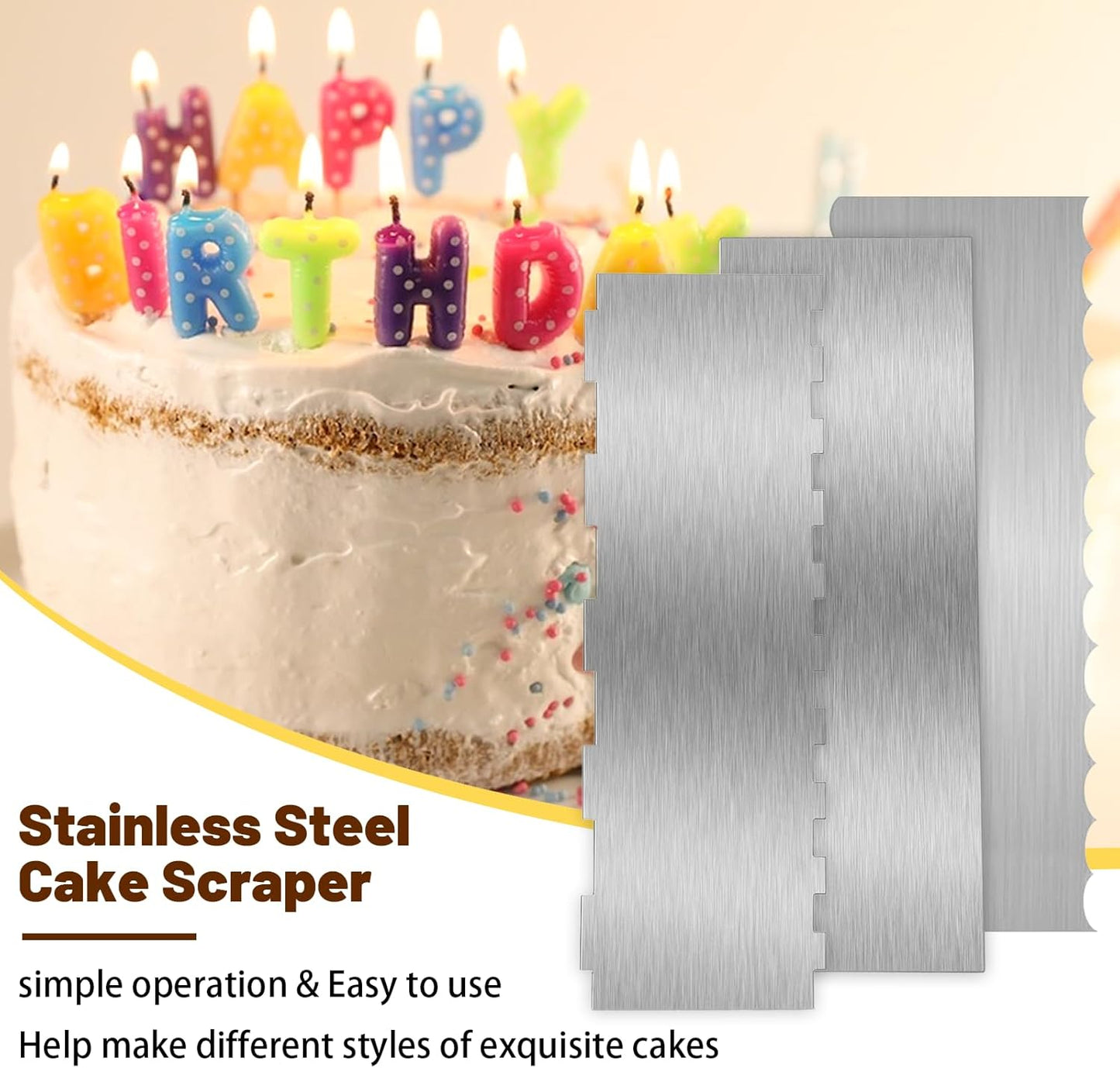 2 Pieces 8.7 Inche Stainless Steel Cake Scraper Double Sided Patterned Edge Stripe Edge Smoother Frosting Scraper Cake Decorating Cake Decorating Comb Cake Scraper For Butter Cream Mousse(2, 2)