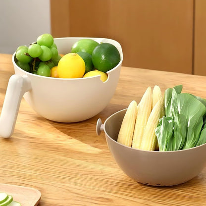2-1 Kitchen Colander Rotating Washing Basket with Handle - Pasta Strainer - Fruit Washing Bowl with Strainer - Fruit Rinser Container (Avocado Green)