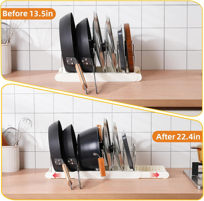 Pot Rack -Expandable Pan Organizer for Cabinet,Pot Lid Holder with 7 Adjustable Compartment for Kitchen Cabinet Cookware Baking Frying Rack,Apricot