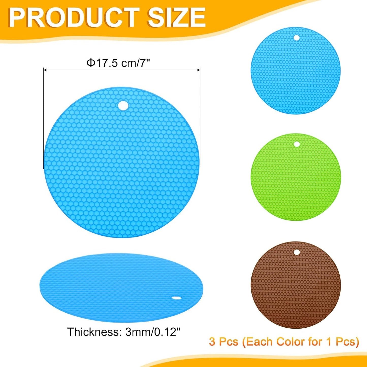 uxcell 3pcs Silicone Jar Opener Pads, 17.5cm/7" Texture Can Opener Multipurpose Round Bottle Lid Opener Non-Slip Coasters for Weak Hands Seniors Children, Orange, Blue, Gray