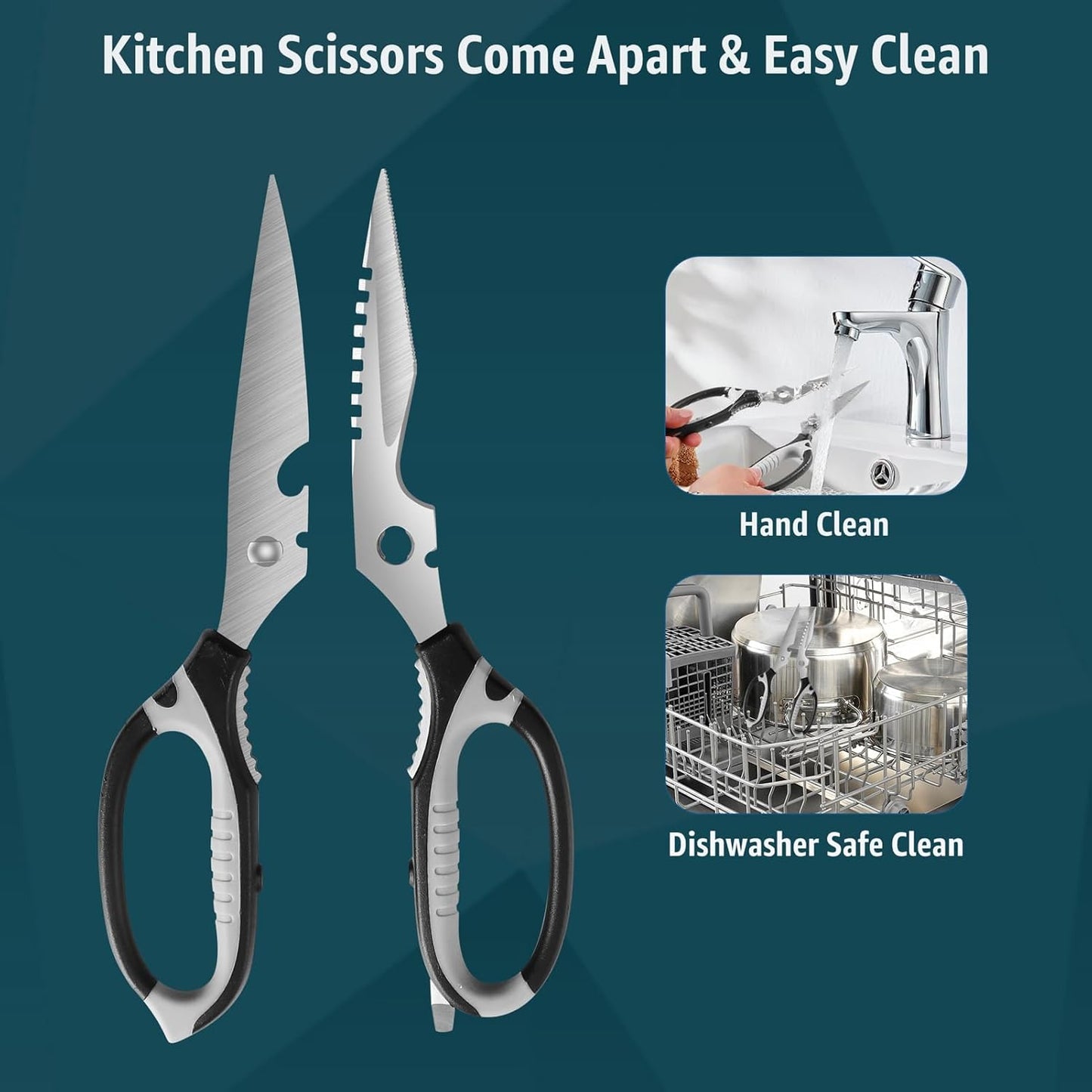 BoFuYuan Kitchen Scissors, 9-Inch Heavy Duty Multipurpose Food Cutting Shears, Detachable Dishwasher Safe, Sharp Serrated Blade, Ergonomic Non-Slip Handle for Food, Meat, Herbs, Black