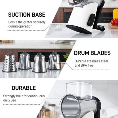 VEKAYA Rotary Cheese Grater Hand Crank with 4 Interchangeable Stainless Steel Blades, Large Manual Handle Shredder and Waffle Slicer for Vegetables, Cheese and Nuts with Table Suction Base(Blue)