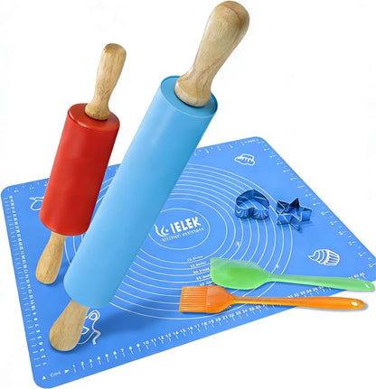Non-Stick Rolling Pin Silicone Basting Pastry Mat Spatula Brushes Set:Combo Kit of Large and Small Dough Rollers and 2 Stainless Steel Cookie Cutters for Baking