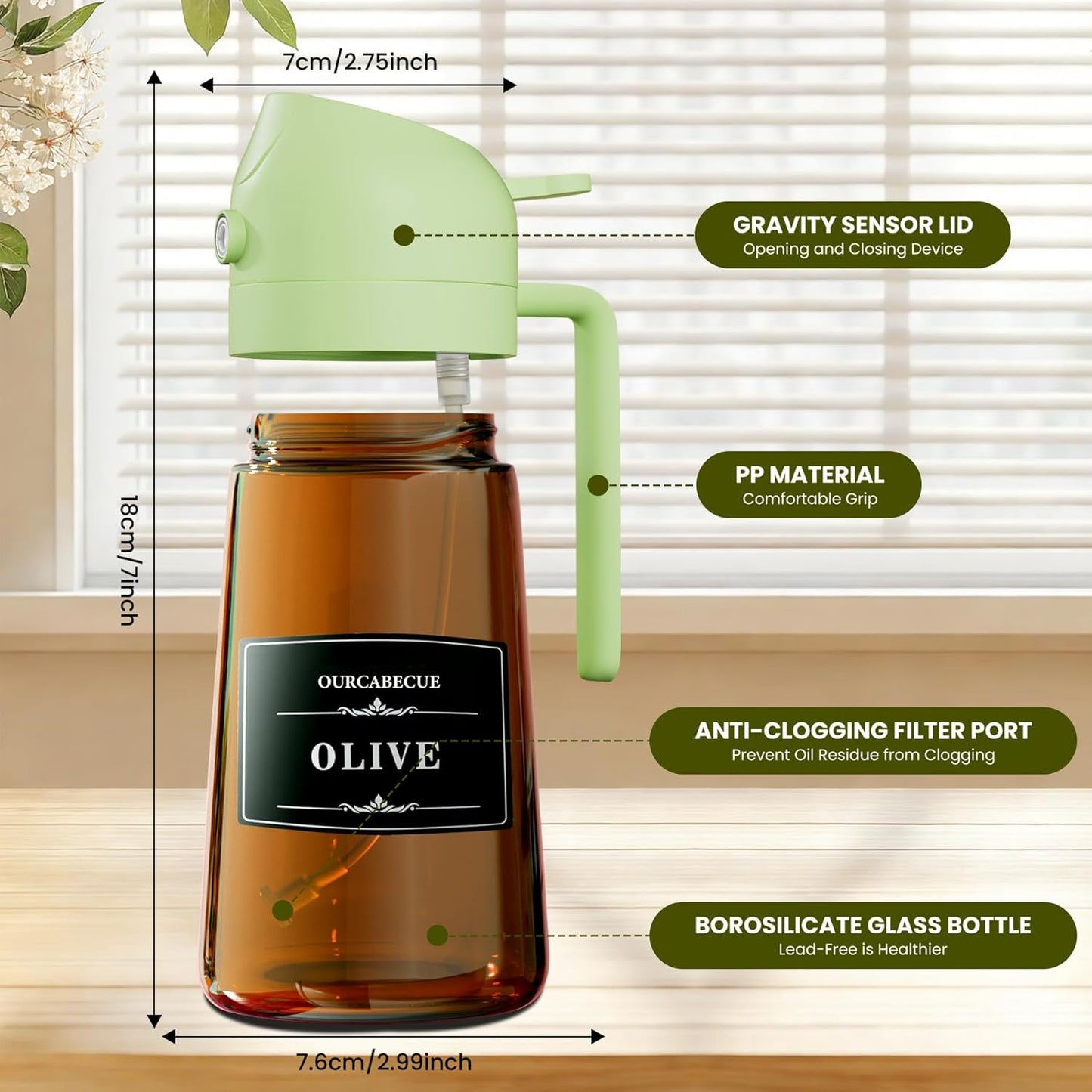 OURCABECUE 2 in 1 Olive Oil Sprayer for Cooking, 16oz/470ml Light-Blocking Dark Olive Oil Dispenser Bottle for Kitchen, Food-Grade Glass Oil Mister with 8 Oil Stickers