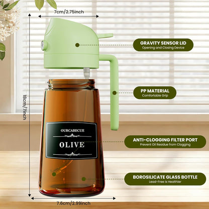 OURCABECUE 2 in 1 Olive Oil Sprayer for Cooking, 16oz/470ml Light-Blocking Dark Olive Oil Dispenser Bottle for Kitchen, Food-Grade Glass Oil Mister with 8 Oil Stickers