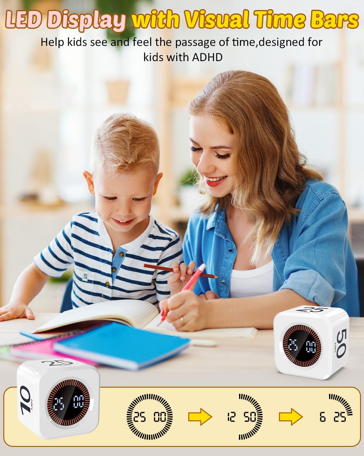Digital Pomodoro Timer Cube 5/10/25/50min, Visual Productivity Flip Timer for Kids Classroom Desk, Custom Countdown, Silent and Sound Mode for ADHD Study Work Game Kitchen (Orange)