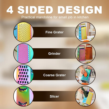 Rainbow Cheese Grater Handheld Grater for Kitchen, Stainless Steel 4 Sided Cheese Grater with Handle for Grinding Shredding & Slicing, Dishwasher Safe