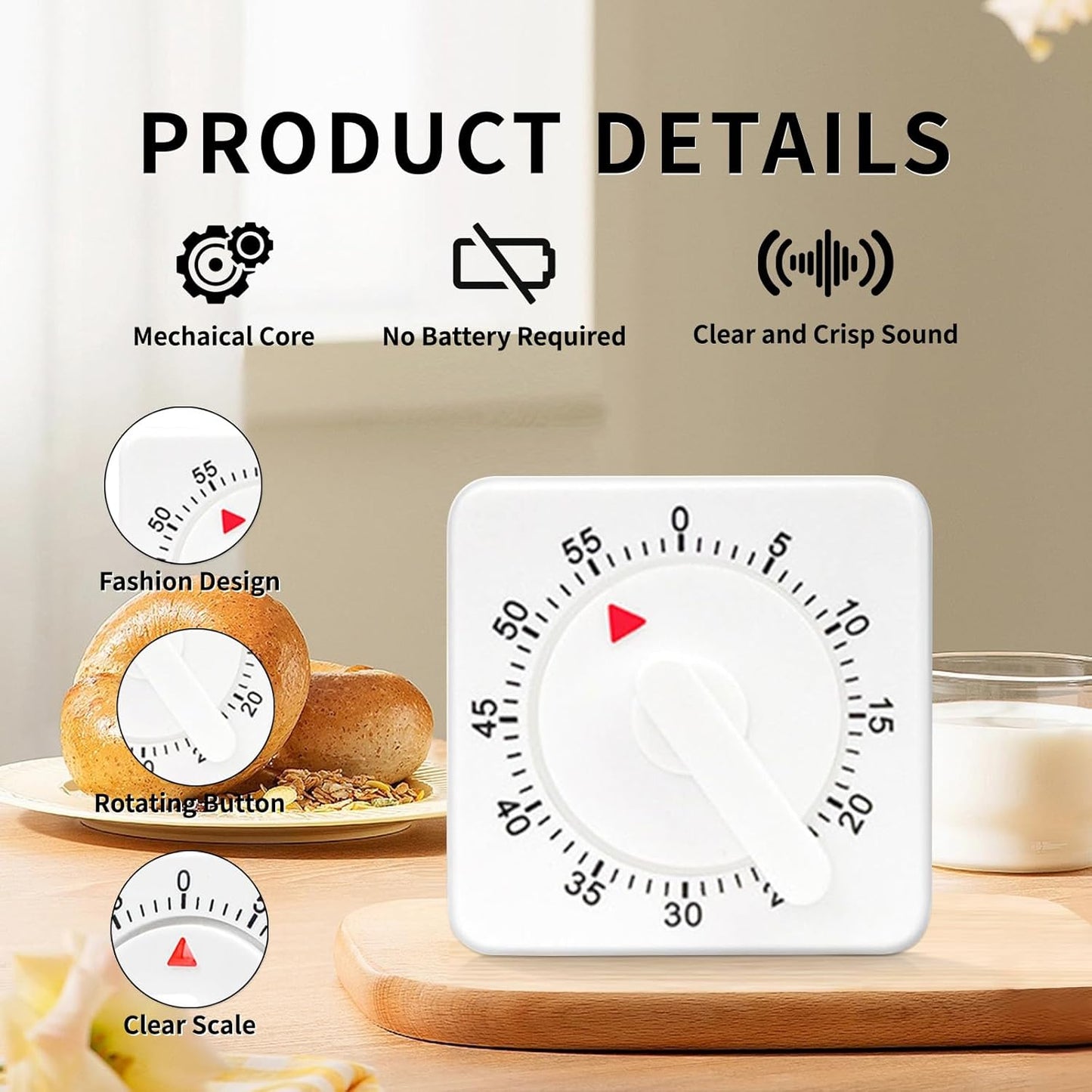 2 Pcs Kitchen Timer Manual : Mechanical, 60 Minute Visual Cooking, Time Management Tools Hour Mini Countdown for Kitchen, Cooking,Baking, Homework, Exercise Auto Off White
