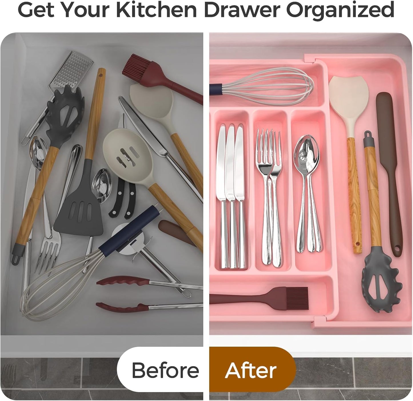 ukeetap Extra Large Expandable Silverware Organizer, BPA-Free Food-Safe Cutlery Flatware Organizer, Kitchen Utensil Drawer Organizer, Adjustable Silverware Holder for Spoons Forks Knives, Black
