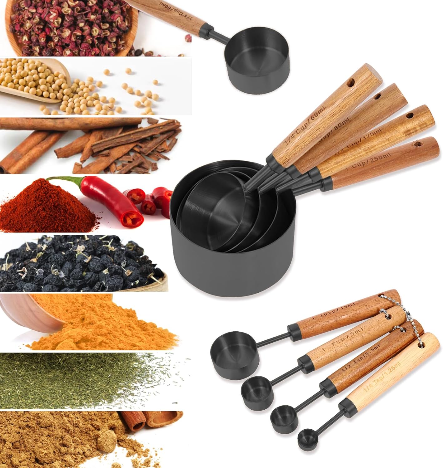 Gold Measuring Cups and Spoons Set with Fragrant Wood Handles, Premium Stainless Steel Measuring Spoons and Measuring Cups Set, For Cooking and Baking in the Kitchen (8 Piece)