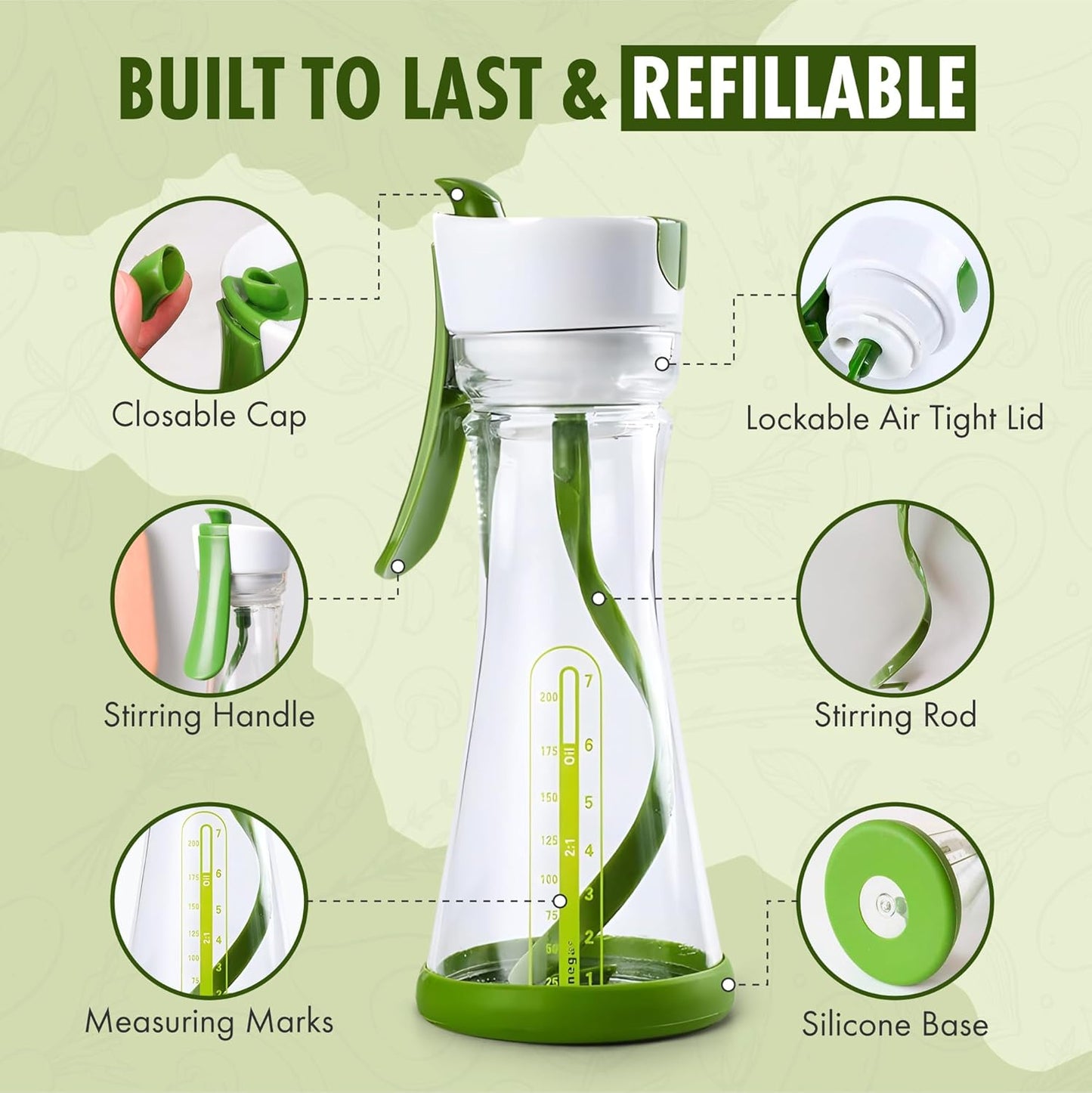 Salad Dressing Shaker Bottle with Spiral Mixer – Manual Salad Dressing Mixer, Leak Proof Oil and Vinegar Dressing Container with Measurements – Reusable BPA Free Salad Dressing Maker