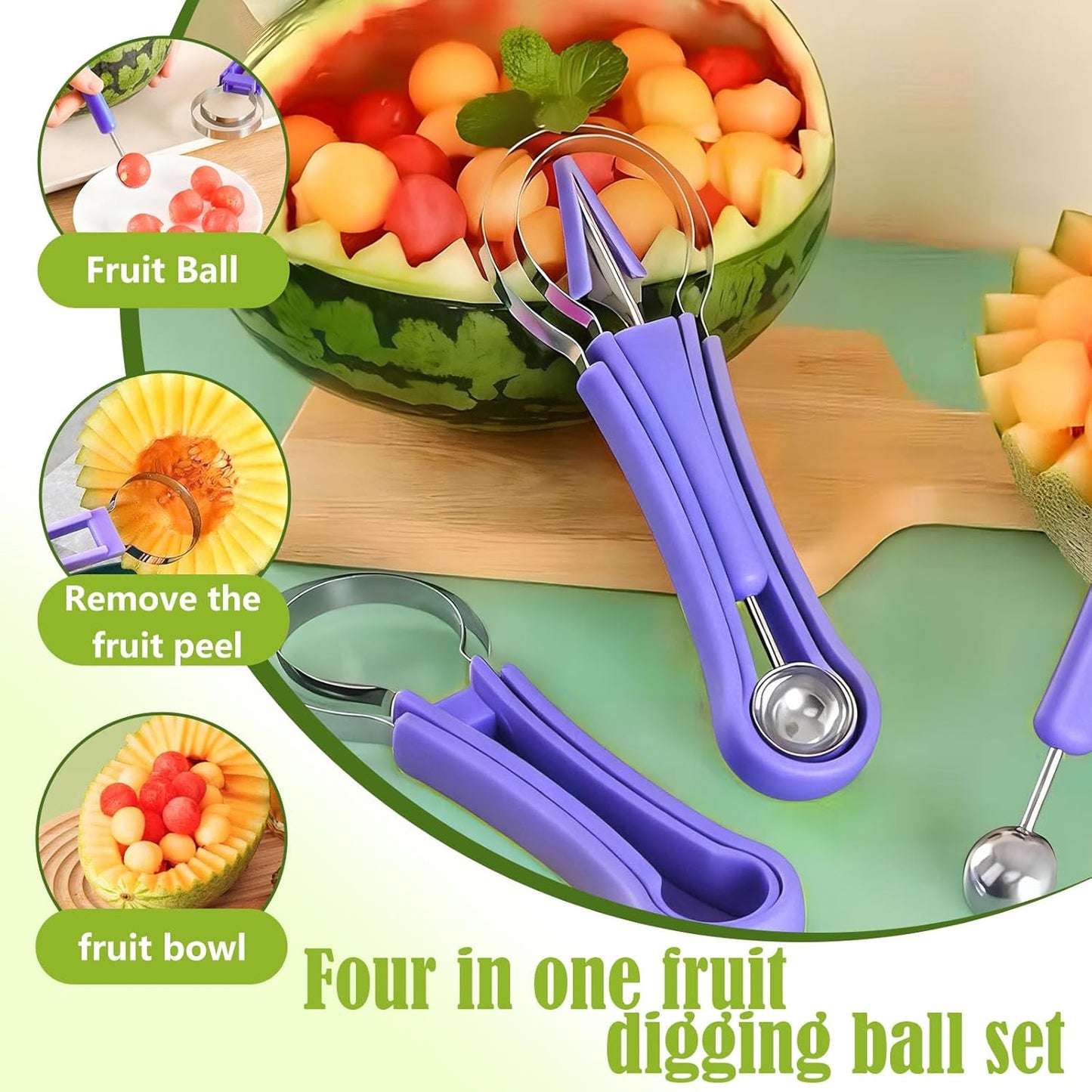 Suuker Melon Baller Scoop Set,4 In 1 fruit cutters shapes, watermelon scooper fruit scooper and baller, fruit carving tools（Green）