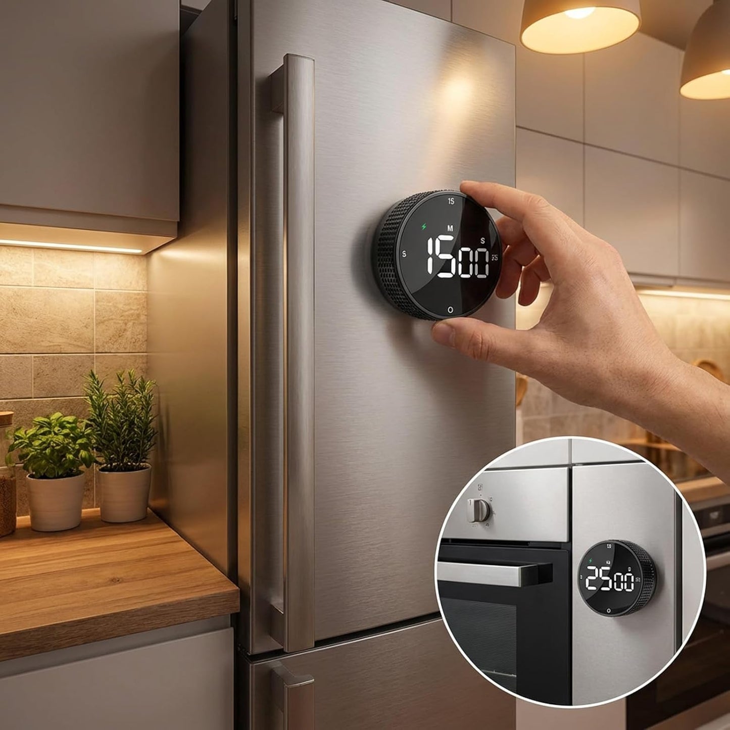 Rechargeable Magnetic Kitchen Timer, LED Countdown/Count-Up Timer, Supports USB-C Charging, with Loud Alarm, 3 Preset Quick Times (5/15/25m), Perfect for Kitchen Cooking, Studying, and Fitness