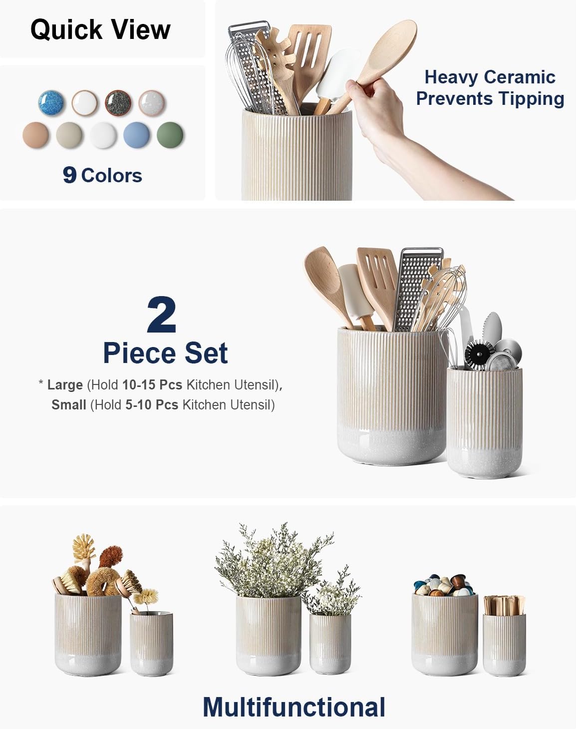 LE TAUCI Utensil Holder for Kitchen Counter, 7.3"+5.4" Fluted Ceramic Utensil Crock Organizer for Countertop, Heavy Large Holder for Spatulas, Spoons, Set of 2, White, Kitchen Counter Decor