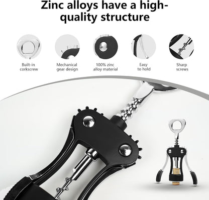 Wine Opener, Zinc Alloy Wine Bottle Opener, Wing Corkscrew Wine Bottle Opener, 2-in-1 Multifunctional Design (black)