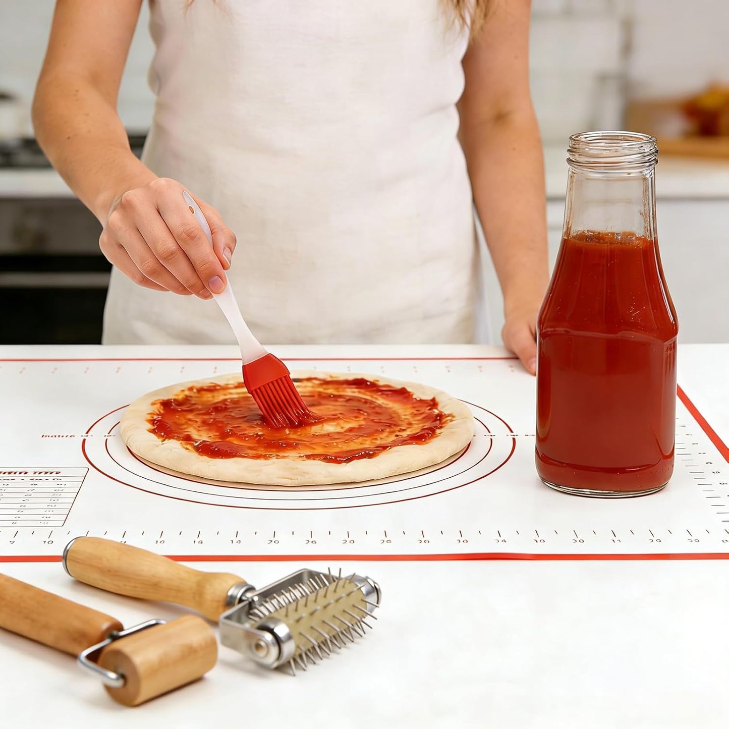 4Pcs Pizza Baking Tool Kit with Dough Docker, Non-Slip Silicone Baking Mat & Wooden Rolling Pin – Essential Tools for Pizza, Pie, Pastry, Bread and Cookies