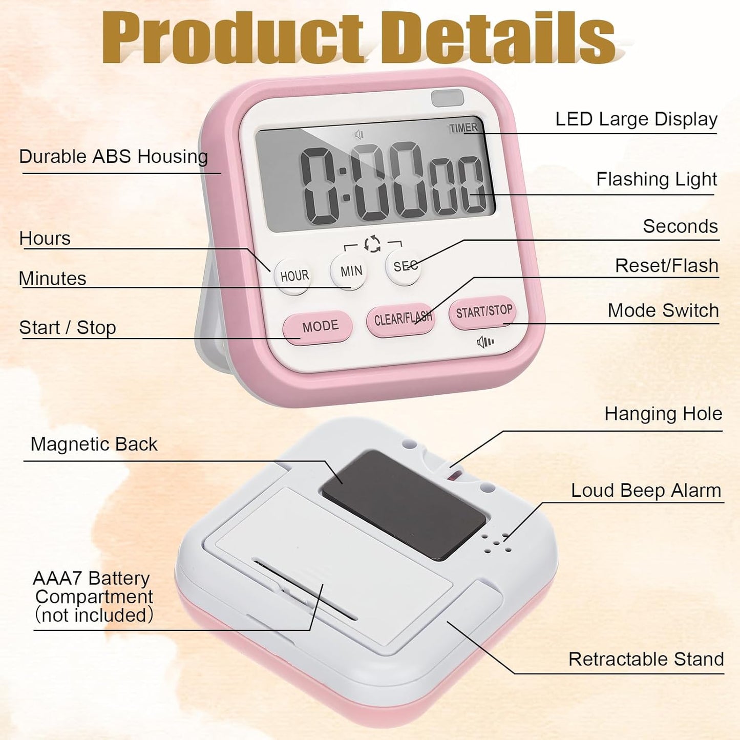 Leumoi 2 Pcs Digital Kitchen Timer 24 Hour Clock and Alarm Function Timer On/Off Switch Minute Second Count up Countdown Loud Alarm for Exercise Cook Baking(White)