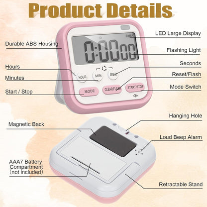 Leumoi 2 Pcs Digital Kitchen Timer 24 Hour Clock and Alarm Function Timer On/Off Switch Minute Second Count up Countdown Loud Alarm for Exercise Cook Baking(White)