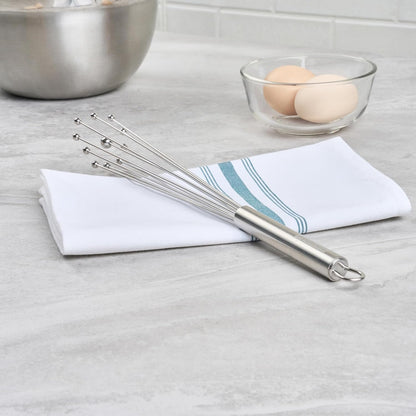 Restaurantware 10.5 in Stainless Steel Ball Whisk - German Standard Egg Beater with Ergonomic Handle, Dishwasher Safe - Manual Mixer Cooking Whisk for Baking, Stirring, Sauces, Beating