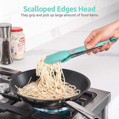 600ºF Heat Resistant Kitchen Tongs: U-Taste 9 inch Silicone Cooking Tong with Firm Sealed Non Stick Rubber Tips & Silicon Coated 18/8 Stainless Steel Handle & Smooth Locking for Serving Salad (Black)
