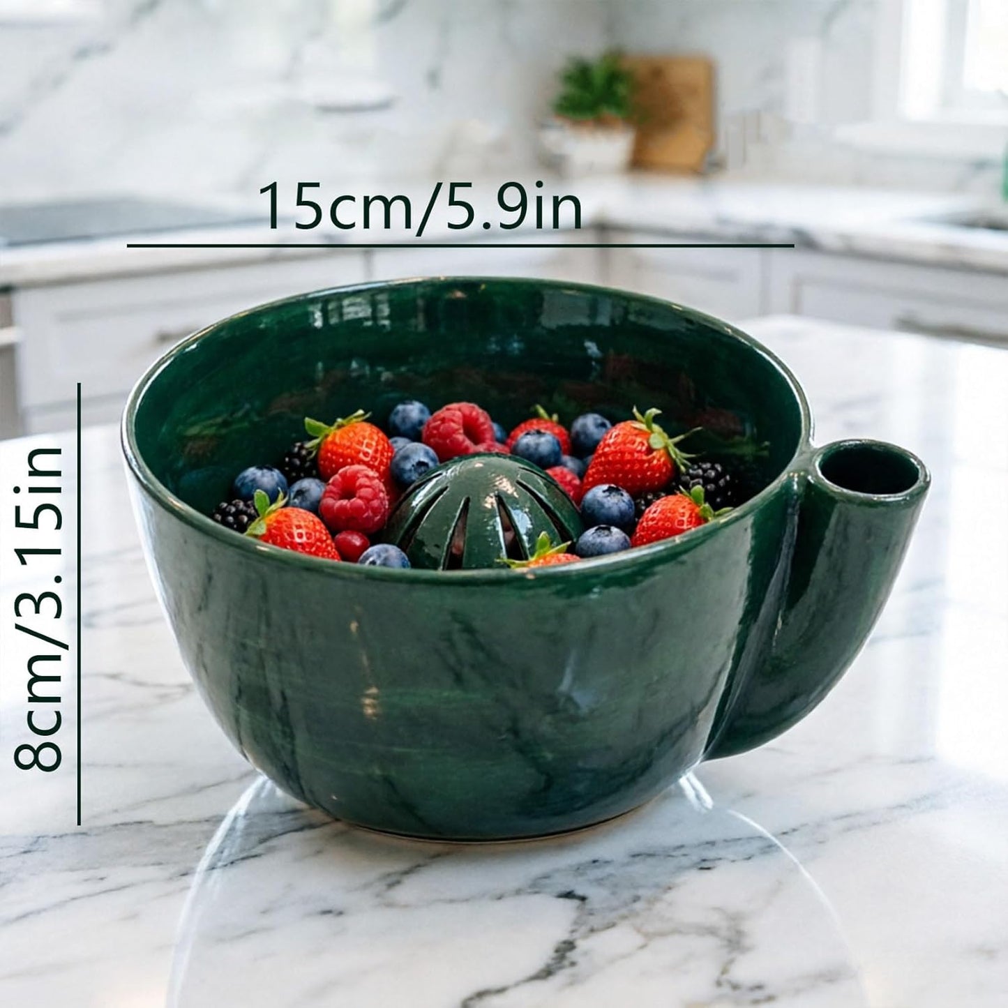Self Spinning Ceramic Berry Washing Bowl, Berry Bowls with Holes Ceramic, 360° Rotating Fruit Strainer, Integrated Rapiddrain Base, for Fruits, Vegetables, Berries (1Pcs)