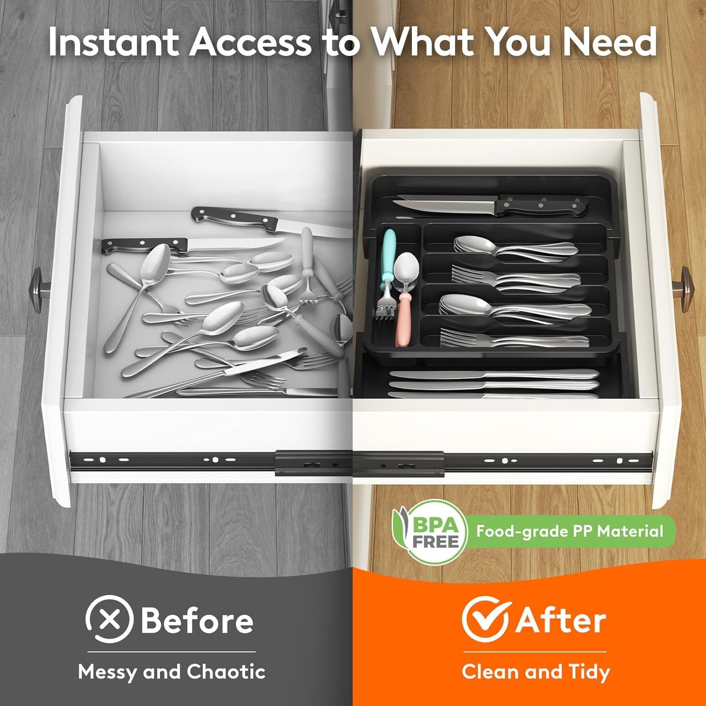 Lifewit Silverware Drawer Organizer, Expandable Utensil Tray for Kitchen, BPA Free Flatware and Cutlery Holder, Adjustable Plastic Storage for Spoons Forks Knives, 11-18 x 14", Black