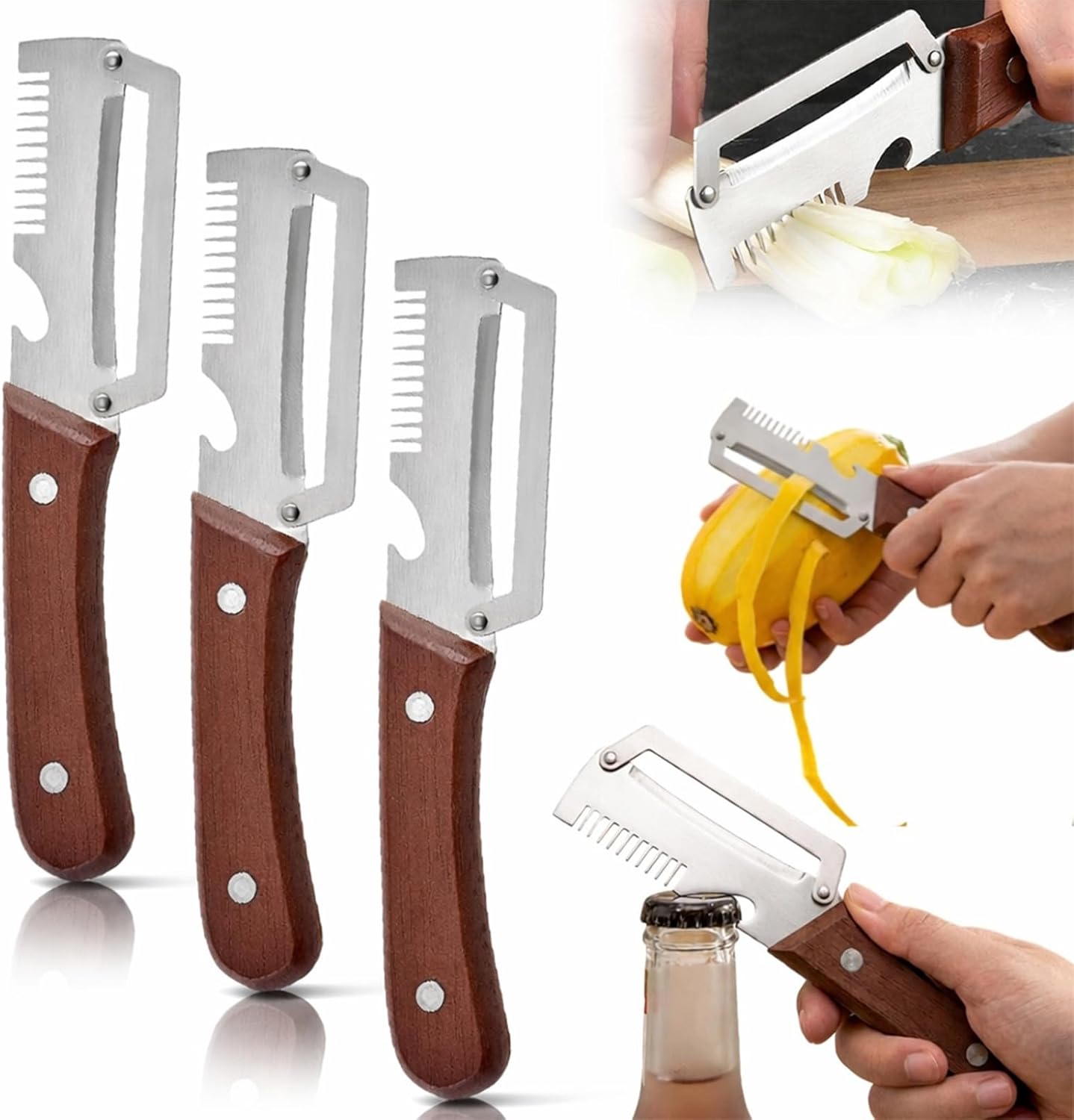 3-1 Multi-functional Vegetable Peeler, 2026 New Ktchen Multi-function Stainless Steel Thickened Fruit Peeler Knife with Wooden Handle,Suitable for Peeling Fruits and Shredding Scallions (2PCS)
