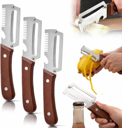 3-1 Multi-functional Vegetable Peeler, 2026 New Ktchen Multi-function Stainless Steel Thickened Fruit Peeler Knife with Wooden Handle,Suitable for Peeling Fruits and Shredding Scallions (2PCS)